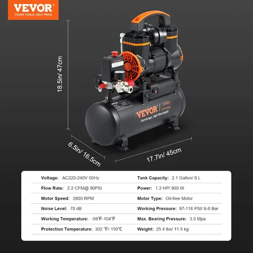 Vista 7 de VEVOR Compresor de aire de 2.1 galones, compresores de aire de 1.2HP 2.2 CFM@90PSI con presión máxima de 116PSI, tanque de compresor sin aceite