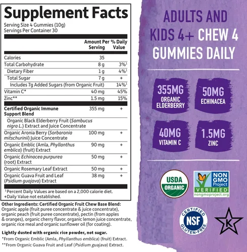 Vista 4 de Garden of Life Paquete de apoyo inmunológico: Gomitas de saúco orgánicas con equinácea, zinc 120 unidades + Gomita inmunológica para niños 60