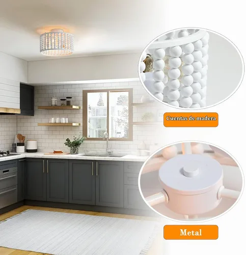 Vista 2 de tewei Candelabro de Cuentas de Madera, Accesorio de Luz de Techo Semi Empotrado Estilo Boho para Cuarto de Bebé, Candelabro Rústico de 3 Luces