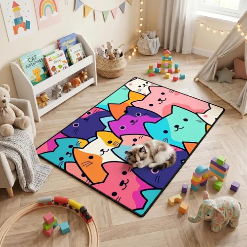 Vista 42 de Alfombra de gato para habitación de niñas, diseño de dibujos animados, decoración para dormitorio, bonita alfombra de área de gatos, alfombras