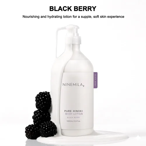 Vista 4 de NINEMILA Loción corporal pura Hinoki, aroma a bayas negras, bomba de 33.8 fl oz, manteca de karité y glicerina, agua de Jeju Hinoki 50,000 ppm