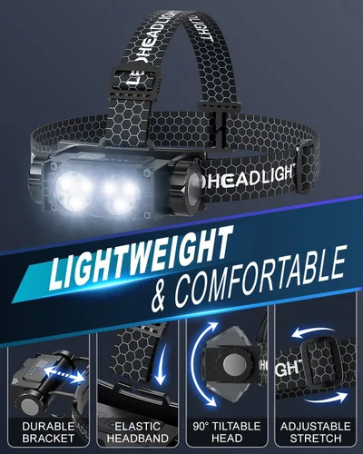 Vista 7 de Linterna frontal recargable, 2 unidades, 4500 L, luz súper brillante, LED, recargable con luz blanca, lámpara de cabeza impermeable con diadema