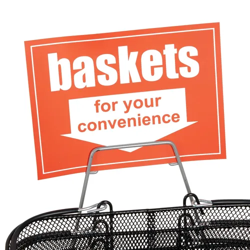 Vista 5 de SSWBasics Cestas de compras de metal negro con soporte y letrero – Juego de 12 – Dimensiones de la cesta 17 pulgadas de ancho x 12 pulgadas