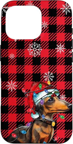 Vista 20 de iPhone 16 Dachshund Christmas Phone Case Red Plaid Pattern Christmas Lights Case