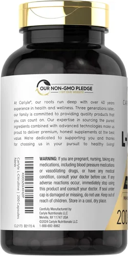 Vista 3 de Carlyle L Citrulina 1600mg 200 cápsulas para hombres y mujeres Fórmula avanzada para atletas Suplemento sin OMG y sin gluten