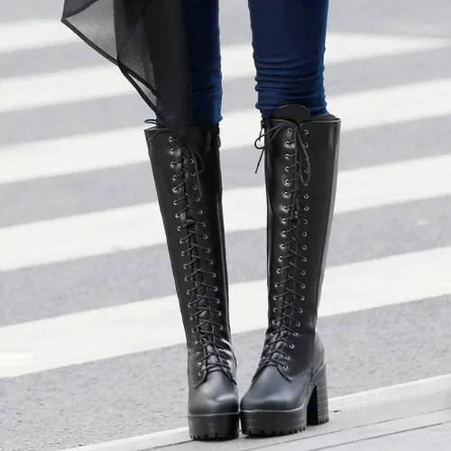 Vista 4 de Parisuit - Botas góticas de tacón alto con cordones para mujer, botas de combate con cremallera lateral