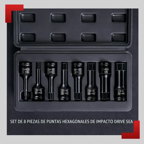 Vista 7 de Juego de 8 llaves de impacto Allen de 1/2 pulgada, enchufe hexagonal SAE de 1/4 a 3/4 pulgadas, acero Cr-Mo de grado de impacto maestro con estuche