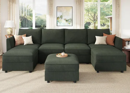 Vista 45 de HONBAY Sofá seccional modular con almacenamiento en forma de L sofá seccional, sofás convertibles para sala de estar - verde