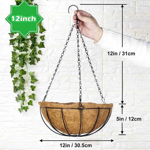 Vista 2 de GWY Cestas colgantes para macetas, 3 paquetes de 12 pulgadas, soporte de alambre de metal para plantas con forro de coco y cadena negra para colgar