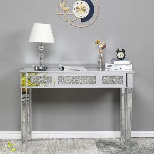 Vista 9 de Karl home Mesa de escritorio con espejo y 2 cajones, mesa consola plateada, mesa de sofá con espejo con incrustación de cristal en la parte