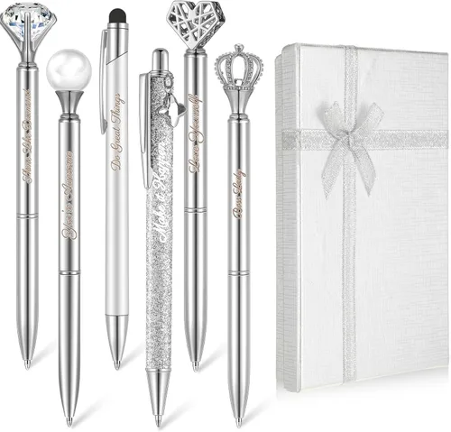 Vista 7 de Qeeenar 6 bolígrafos elegantes para mujer, bolígrafo de diamantes de cristal para diario, bonito bolígrafo con purpurina con caja, regalos Negro