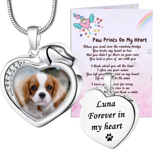 Vista 27 de Fanery Sue Collar personalizado para cenizas de mascotas para perros y gatos, foto y texto personalizados, regalo de condolencia, regalo