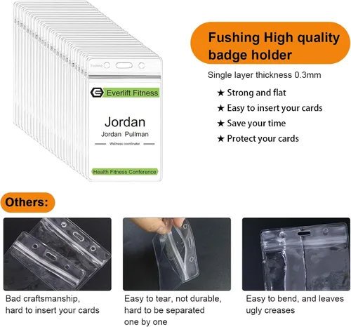 Vista 3 de Fushing 30 soportes para tarjetas de identificación con clips, impermeables, verticales, de plástico transparente, con clips de metal y correas