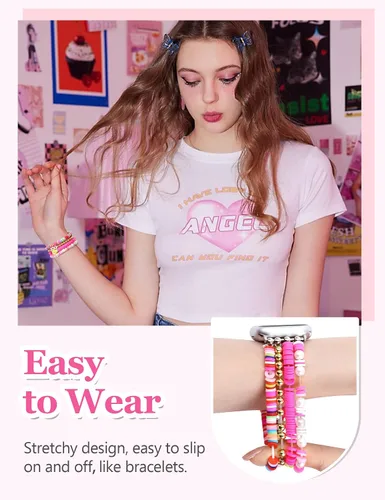 Vista 5 de Newlibery - Pulseras de cuentas compatibles con Apple Watch de 38 mm, 40 mm, 41 mm, 42 mm (S10/11) Mujeres Niños Linda Elegante Preppy Hecho a mano