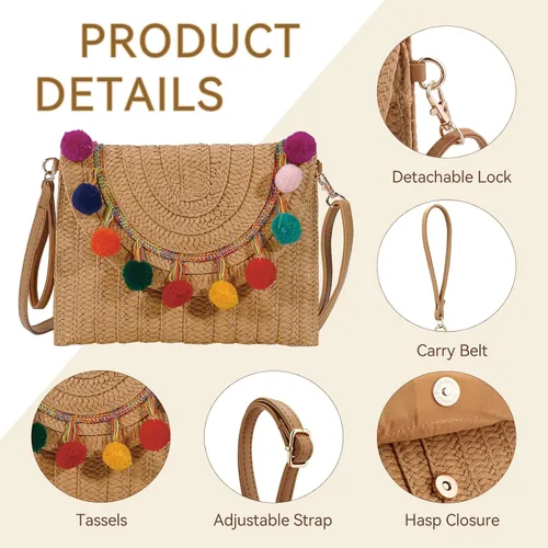 Vista 3 de YYW Bolso de paja con paja, bolso de hombro de paja para mujer, para verano, playa, crucero, sobre, embrague, bolsa de rafia