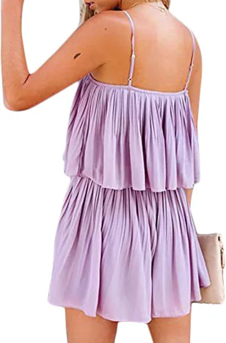 Vista 2 de LYANER Mono corto con tirantes delgados para mujer, sin mangas, plisado, con vuelo