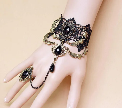 Vista 2 de Gargantilla negra de encaje con pulsera, estilo punk, gótico, vintage, hecha a mano, estilo 2, Piedra