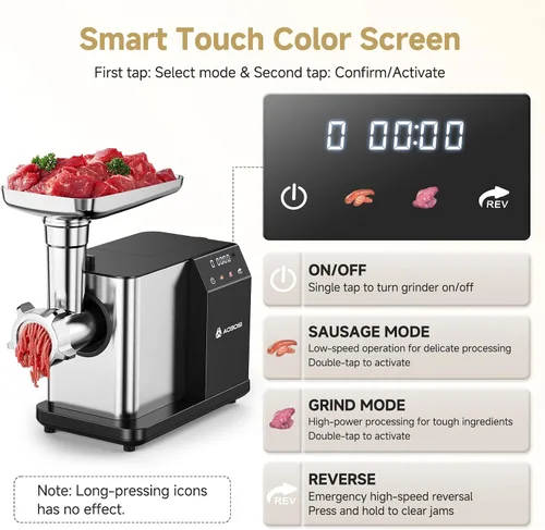 Vista 2 de AAOBOSI Picadora de carne eléctrica de 3000 W máx. con pantalla táctil a color, inversión automática y almacenamiento integrado, 3 ajustes