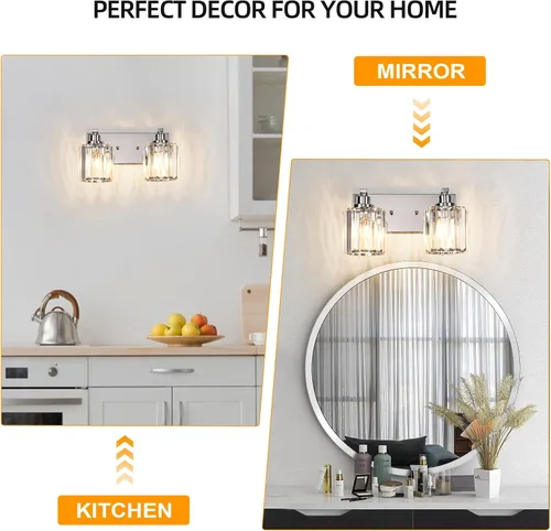 Vista 7 de 2 luces de cristal para tocador de baño, moderna cromada, accesorios de iluminación de baño sobre espejo para espejo base E26