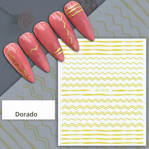 Vista 5 de 12 hojas de calcomanías de uñas doradas, calcomanías de uñas autoadhesivas 3D de metal con diseño de rayas geométricas onduladas, diseños de arte