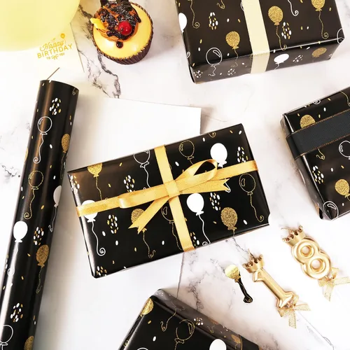 Vista 2 de Rollo de papel de regalo de cumpleaños, papel de regalo negro mate y dorado para mujeres, hombres, niños y niñas, diseño de globo de lámina dorada