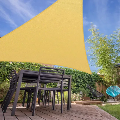 Vista 6 de Toldo triangular de 5 x 5 x 5 pies, toldo de tela con bloqueo UV para patio al aire libre y jardín, 185 GSM, 95% de bloqueo UV, resistente, Amarillo