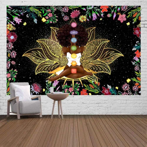 Vista 13 de Ine Ive Tapiz de chakra africano, mujer afroamericana, tapices de meditación zen, 40 x 30 pulgadas, cielo estrellado, flores, jardín, inspirador