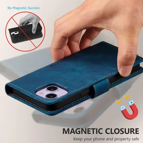 Vista 4 de QLTYPRI Funda para iPhone 13, funda de piel sintética con cierre magnético, soporte para tarjetas, función atril, a prueba de golpes, funda Azul