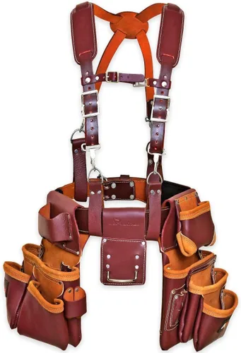 Vista 9 de Bolsa de cuero para cinturón de herramientas, cómodas bolsas de herramientas de apoyo para la espalda con tirantes para construcción, enmarcadores