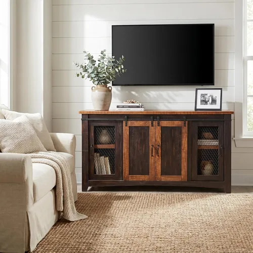 Vista 2 de Martin Svensson Home, mueble para TV Santa Fe de madera maciza, 65", negro antiguo y pino envejecido con aspecto desgastado Solid Pine, TV Stand