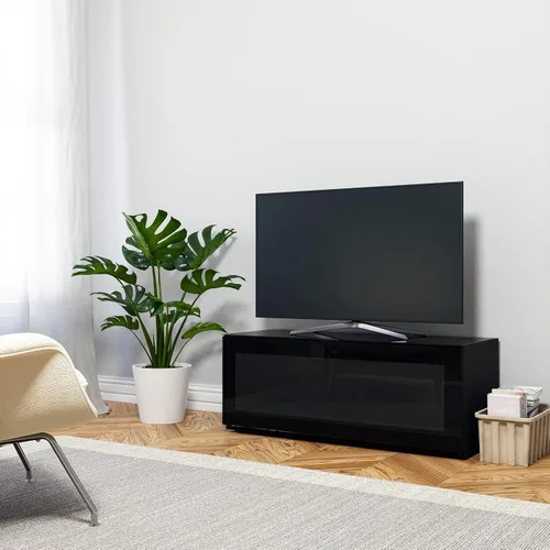 Vista 13 de SONOROUS ST-110 Soporte de TV premium con vidrio negro y cubierta de madera negra, centro de entretenimiento moderno y consola multimedia para sala