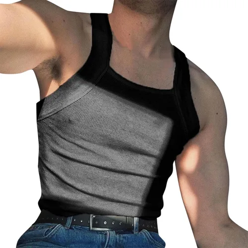Vista 14 de Generic Camiseta sin mangas acanalada para hombre, corte cuadrado, camiseta sin mangas ajustada, ropa interior de verano, a la moda