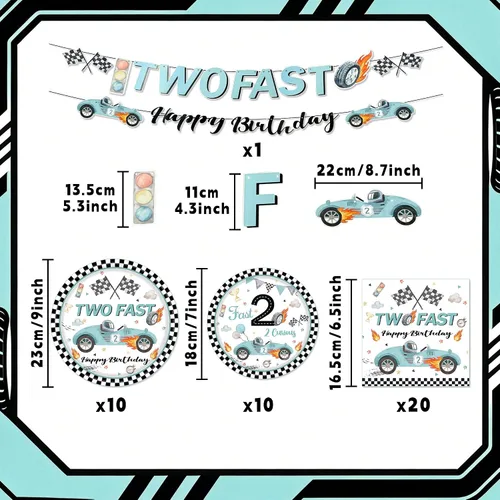 Vista 2 de Decoración de fiesta de 2º cumpleaños de coche de carreras para niños, dos platos y servilletas de papel desechable, dos rápidos, dos, curiosos, 2