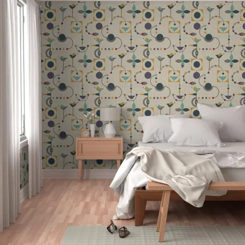 Vista 5 de Muestras de papel tapiz para despegar y pegar, diseño de pájaros de mediados de siglo, círculos abstractos modernos de los años 50, papel tapiz