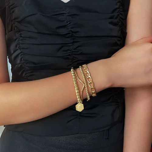 Vista 3 de Elegance 11 designs Pulsera de cuentas apilable chapada en oro de 14 quilates, pulseras elásticas gruesas para mujer, regalo con colgante hexagonal