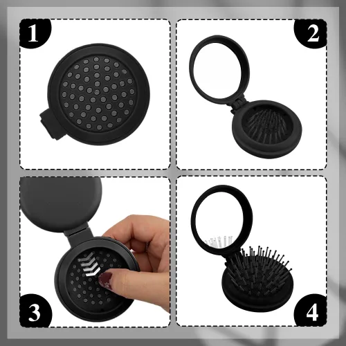 Vista 5 de Mini cepillo de bolsillo plegable negro vintage con espejo y peine para bolso