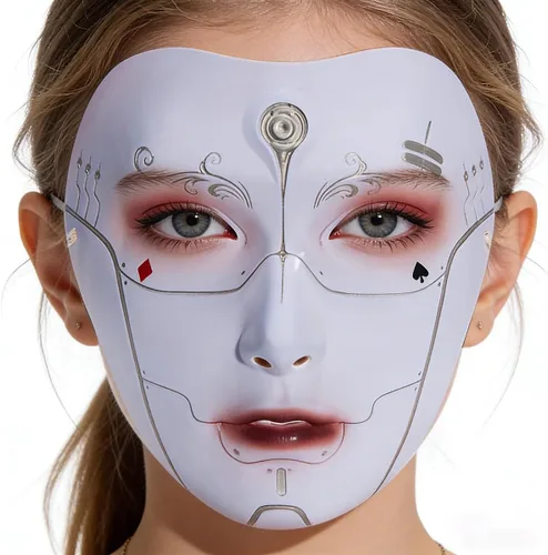 Vista 3 de Cyberpunk Poker Robot Mask for Teens & Adults (Ages 14+), White Mechanical Doll Mask with Playing Card Patterns Multicolor