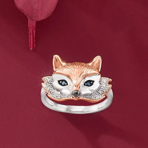 Vista 5 de Ross-Simons Two-Tone Sterling Silver Fox Ring With Sapphire and Diamond Accents