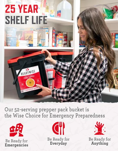 Vista 3 de ReadyWise Prepper Pack Cubo – 52 porciones de suministro de alimentos de emergencia, kit de supervivencia, comidas con proteínas, alimentos