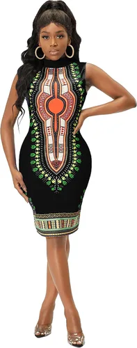 Vista 4 de Vestidos africanos para mujer, estilo bohemio, dashiki, tribal, vintage, étnico, midi Negro