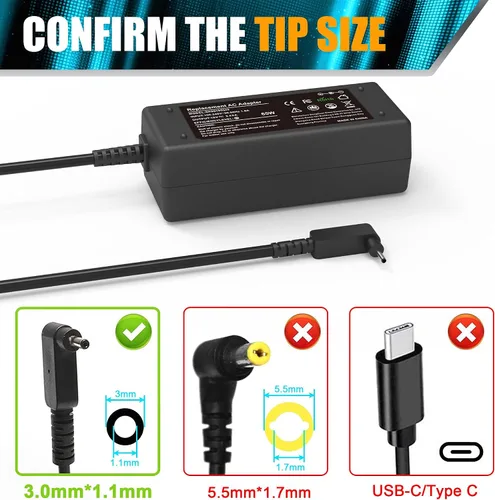 Vista 2 de Adaptador de CA de 19V 3.42A 65W Cargador para portátil Acer Chromebook 11 13 14 15 R11 CB3 CB5 C740 C720 C720p C738T C731 CB3-532 CB3-131 CB3-531
