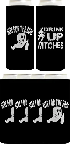 Vista 18 de Decoración espeluznante de Halloween Bebe brujas aquí para los abucheos 2 caras Paquete de 2 termoenfriadores ultra delgados para latas
