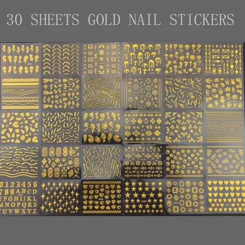 Vista 7 de 30 hojas de calcomanías de arte de uñas doradas, autoadhesivas 3D, calcomanías de diseño de uñas, gotas de agua, línea de flores, estrellas