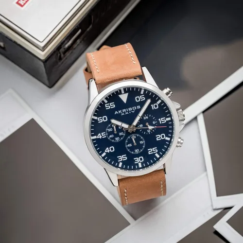 Vista 5 de Akribos XXIV Reloj suizo multifunción para hombre, 3 subesferas día, zona horaria doble, fecha y hora complicación en correa de cuero genuino AK773