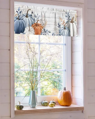 Vista 4 de Cenefas de cortina de otoño de calabaza naranja azul gris para ventanas de sala de estar, cenefas de cortina de Acción de Gracias para dormitorio