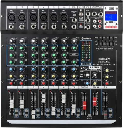 Vista 8 de Mezclador de Audio de 4 Canales, Mezclador DJ con Amplificador de Potencia, Tarjeta de Sonido de Audio con Alimentación Fantasma de 48V, Interfaz