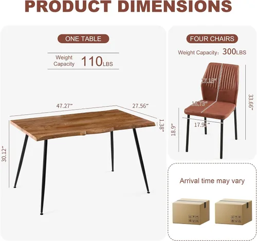 Vista 8 de Juego de mesa de comedor para 4, mesa de comedor rectangular irregular de madera moderna, sillas de comedor de cuero, 4 mesas y sillas, juego de 4