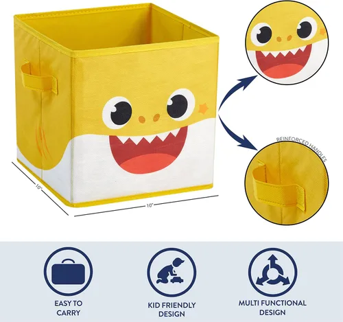 Vista 4 de Idea Nuova Baby Shark - Cubitos de almacenamiento plegables, juego de 2, 10 x 10 pulgadas, color azul y amarillo