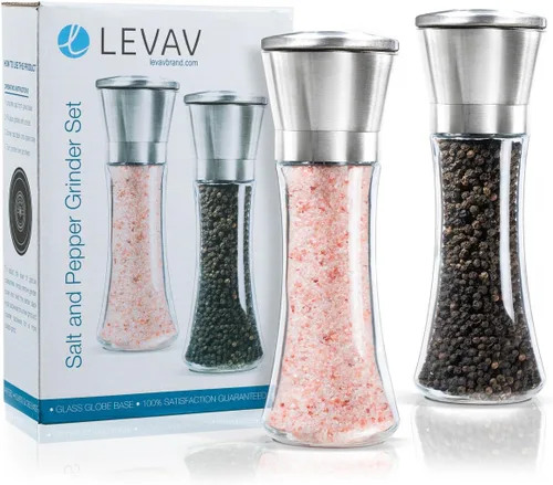 Vista 6 de Levav Set de 2 molinillos de sal y pimienta de acero inoxidable pulido premium, salero y pimentero de vidrio de 6 onzas y rotor de cerámica