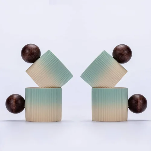 Vista 15 de Mini tazas de cerámica para café expreso, tazas Demitasse con mango redondo de madera a rayas verticales tazas de té (beige y azul, 2 unidades)